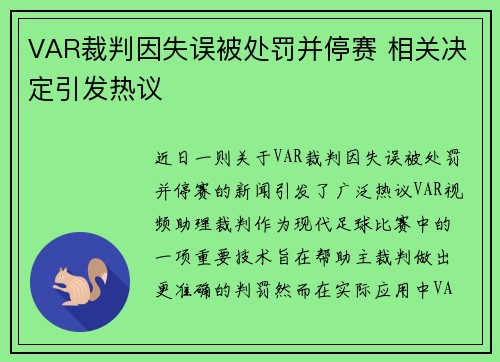VAR裁判因失误被处罚并停赛 相关决定引发热议